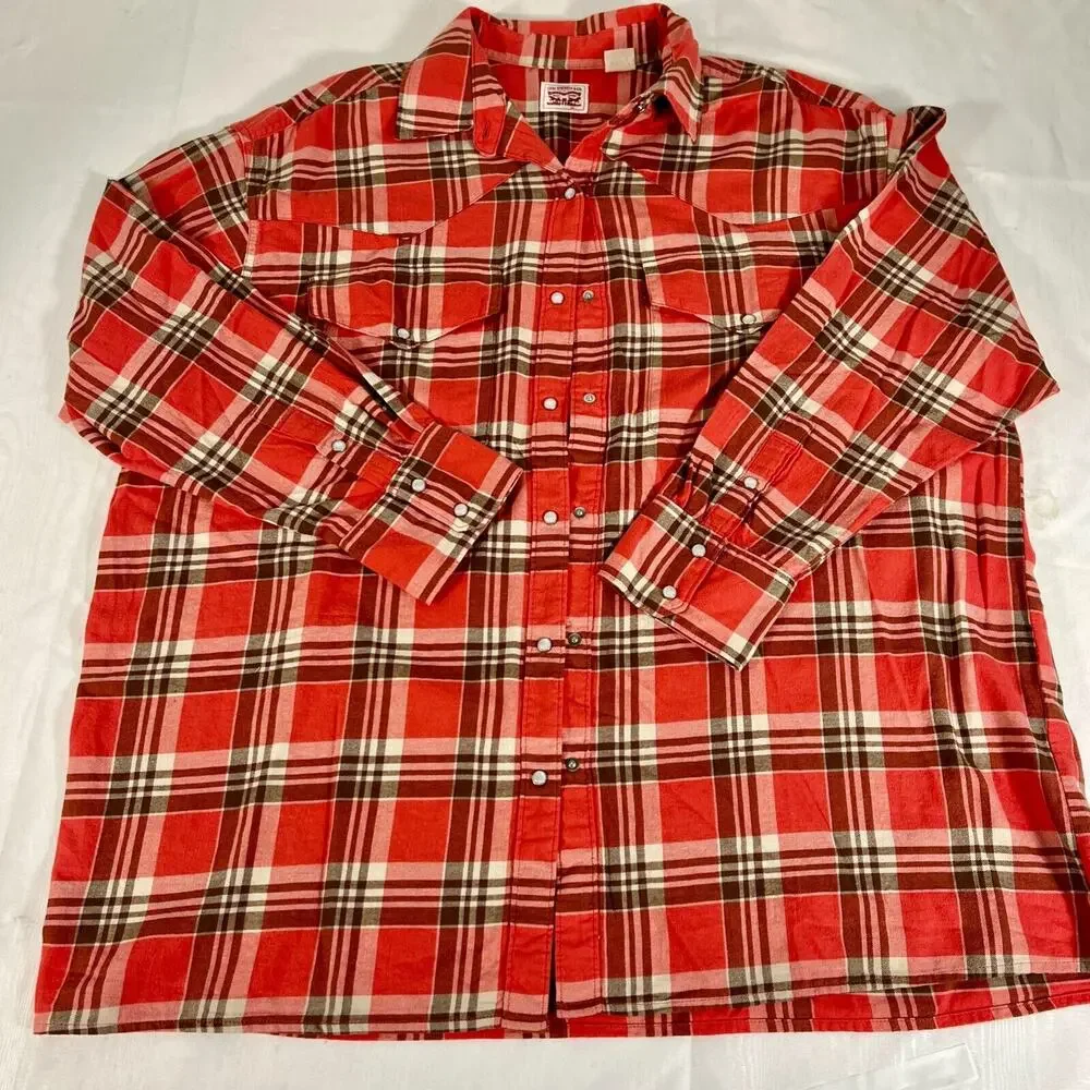 Levi's Western‎ Pearl Snap Rodeo Red Tag Shirt Plaid Red L